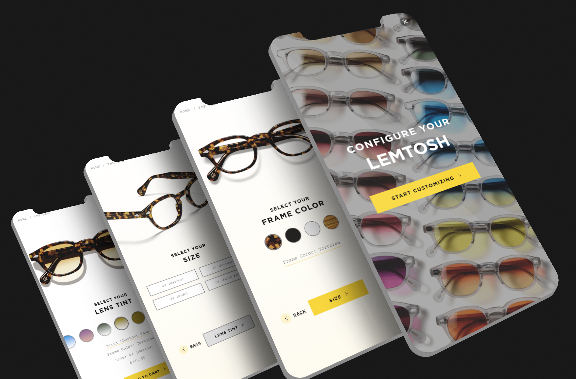 Spectacles with customization options on a black background