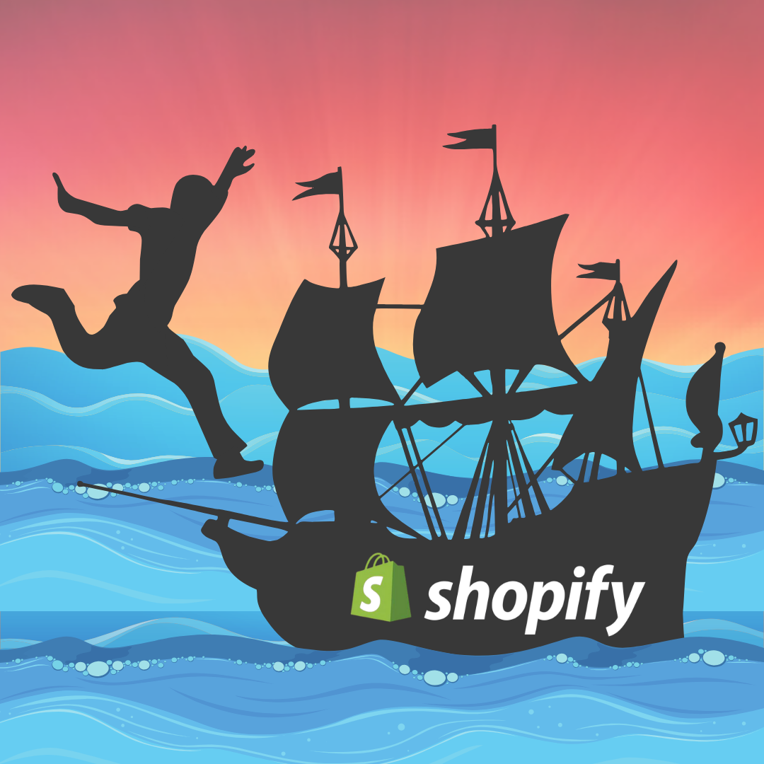 A silhouette of a person jumping onto a silhouette of a ship with a Shopify logo on. The background is a graphic of a blue ocean with rolling waves and a sky in red, orange, and yellow tones resembling a sunrise.