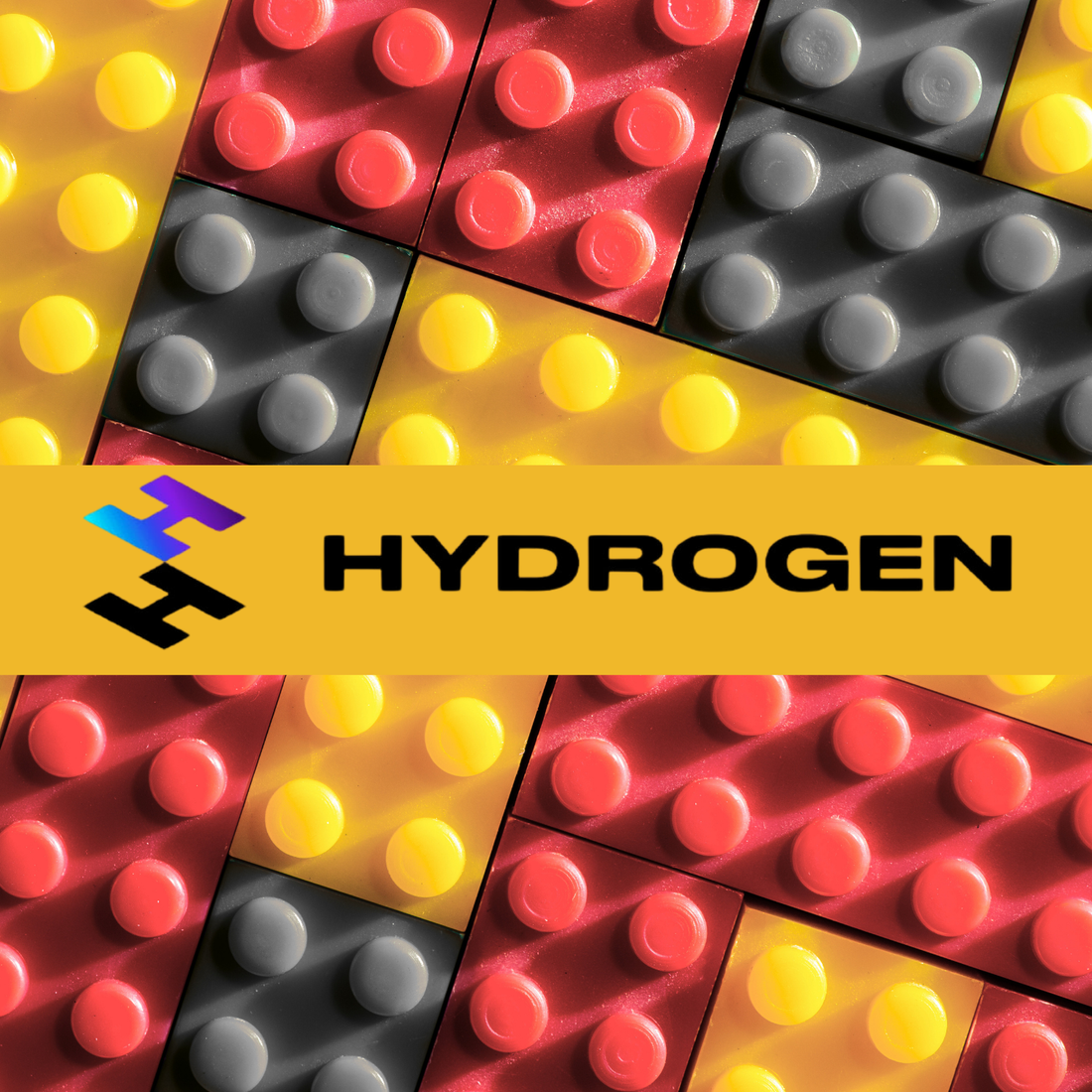 Lego pieces in warm colors with the Shopify Hydrogen logo over on a warm yellow background. It signifies the role Hydrogen plays in Composable checkout.