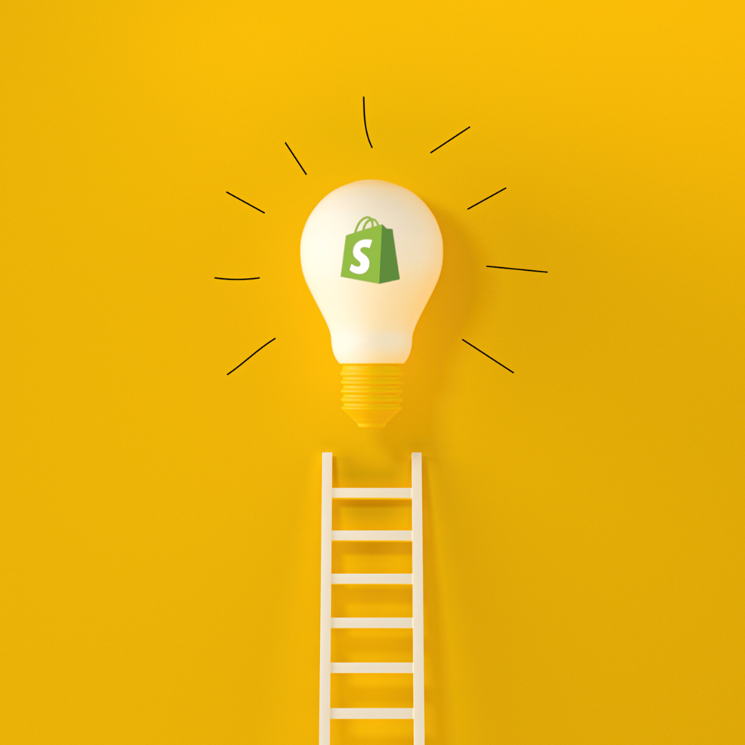 Lightbuld on yellow background at the top of a white ladder. The lightbulb has the Shopify logo signifying that Shopify is a good idea.