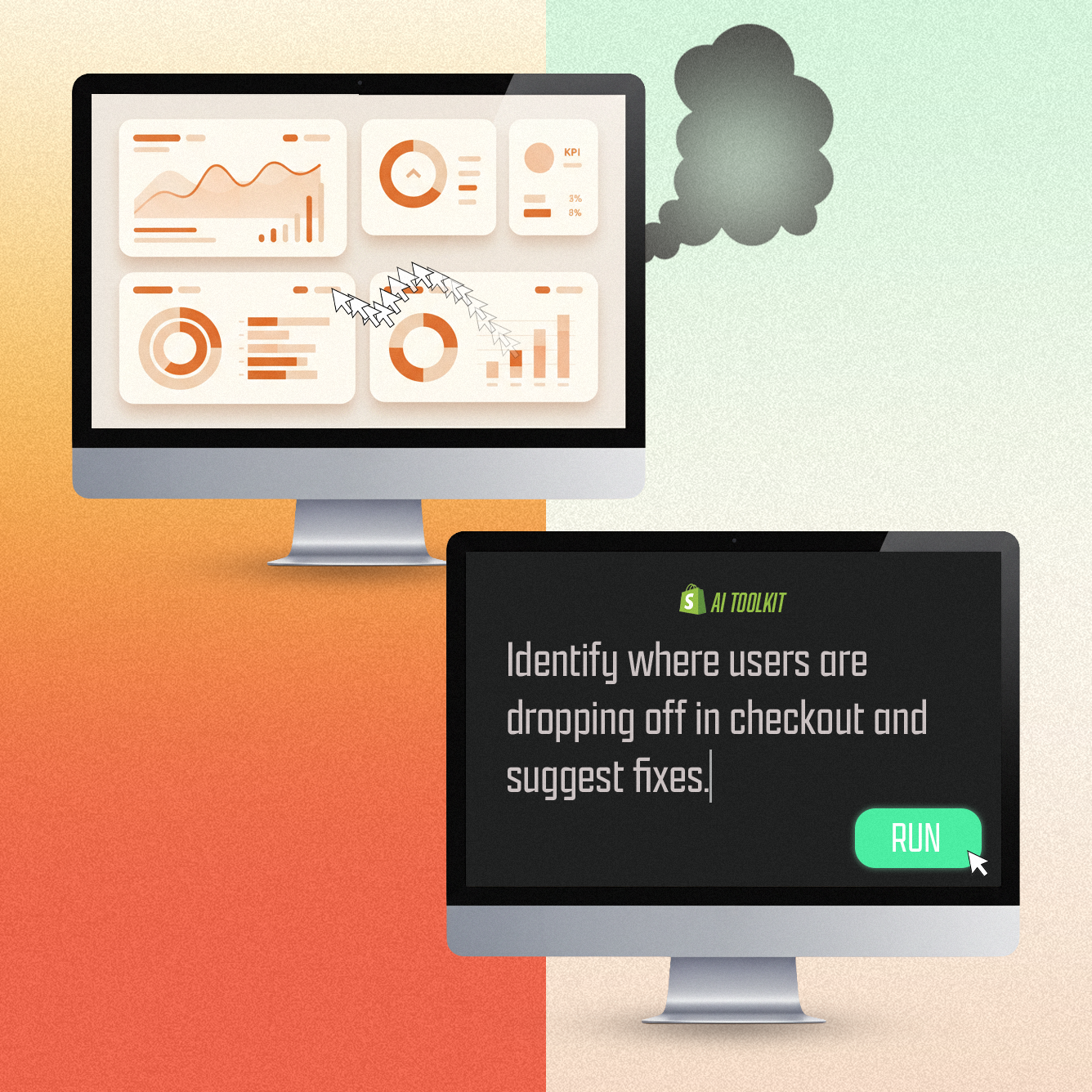 an AI generated image of computer screens with analytics and a shopify logo