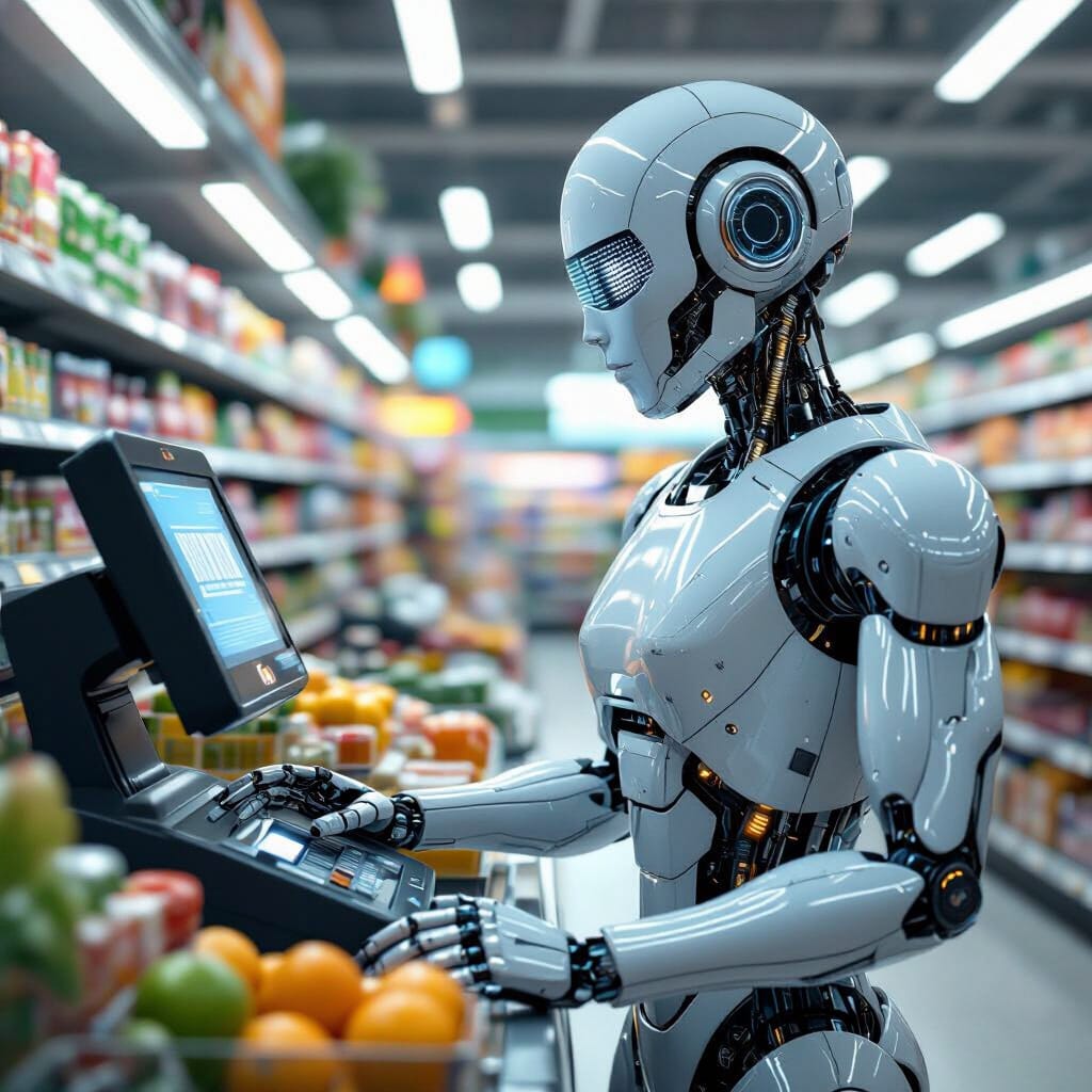 image of a robot at a grocery store checkout