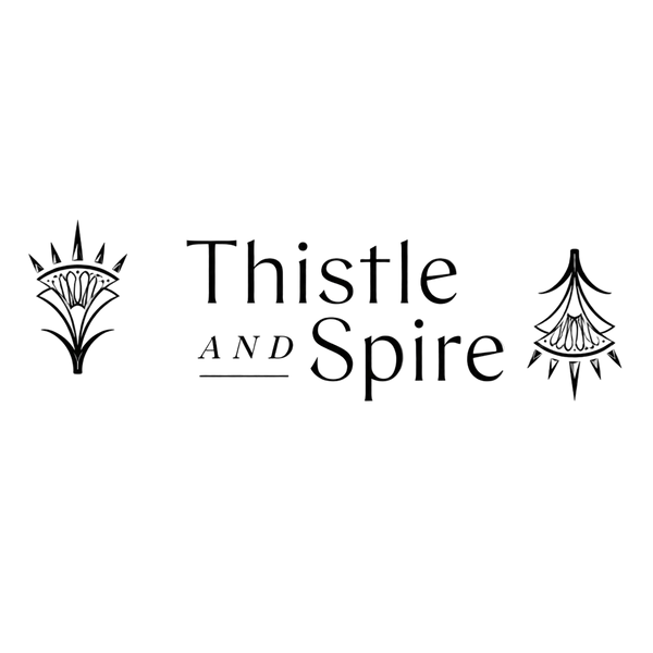 Logo of 'Thistle AND Spire' with decorative elements on a white background