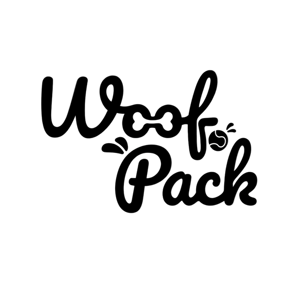 Black text 'Woof Pack' with a bone and paw print design on a transparent background