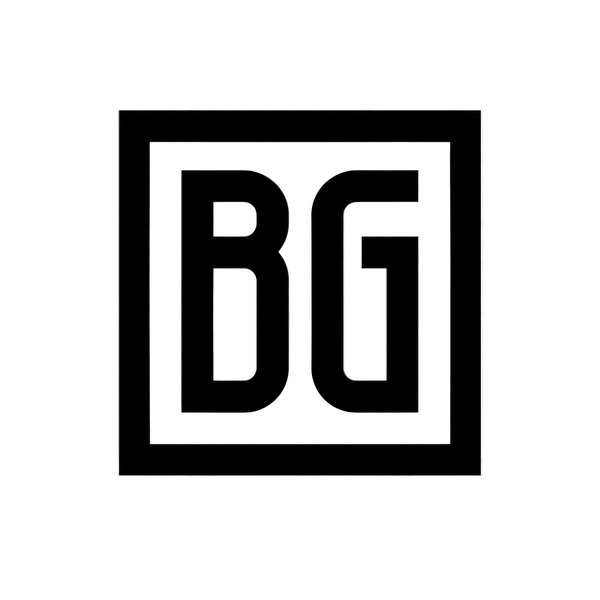 Black and white logo with 'BG' inside a square on a transparent background
