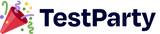 The word 'TestParty' in dark navy blue text with a red party popper illustration and small confetti accents on the left, on a light gray background.