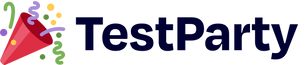 The word 'TestParty' in dark navy blue text with a red party popper illustration and small confetti accents on the left, on a light gray background.