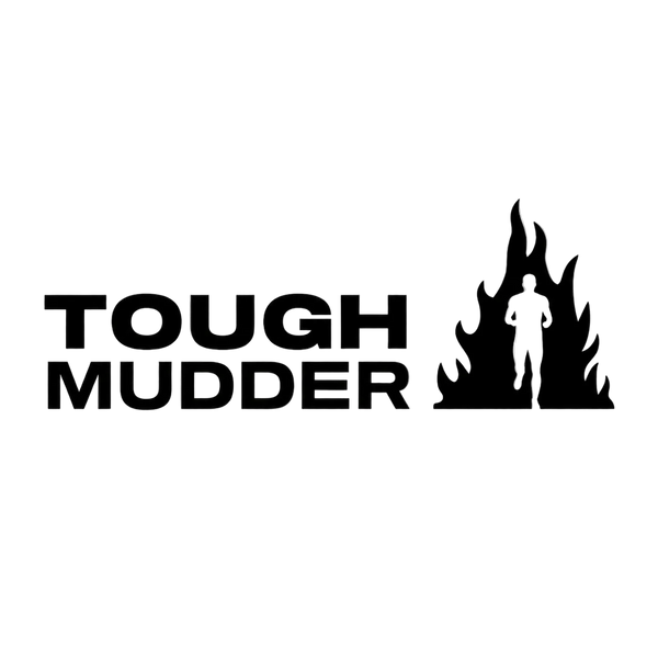 Tough Mudder logo with text and silhouette of a person in front of flames on a white background