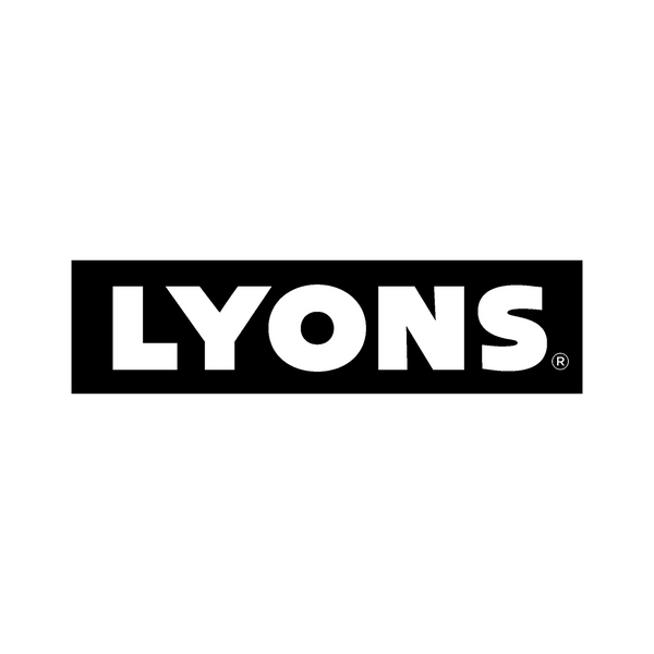 Lyons Logo in white and a black bakcground