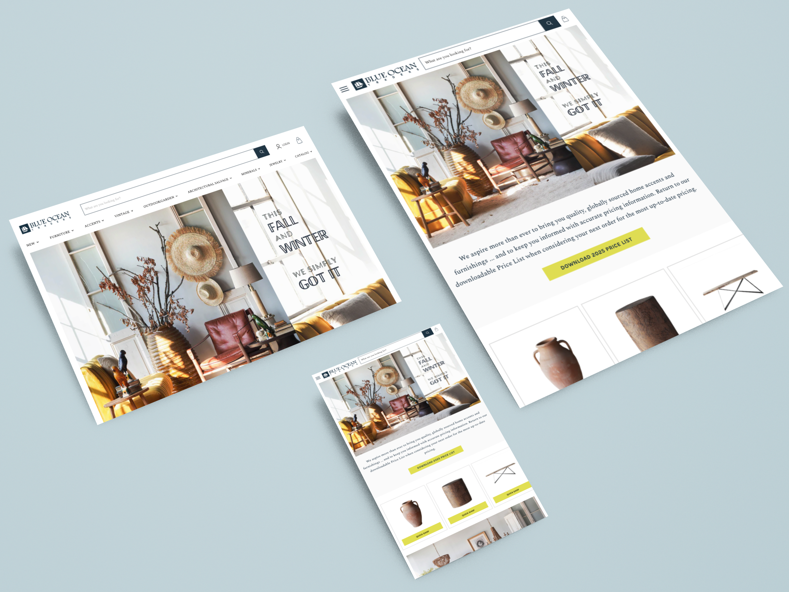Three web pages displaying interior design products on a light blue background - Blue Ocean Traders Migration