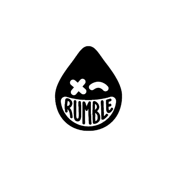 Black and white logo with 'Rumble' text inside a droplet shape on a white background