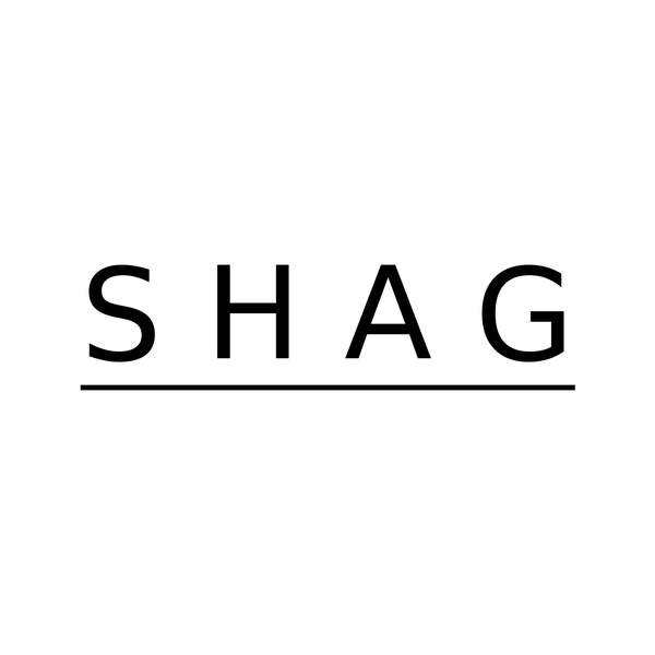 Black text 'SHAG' on a white background